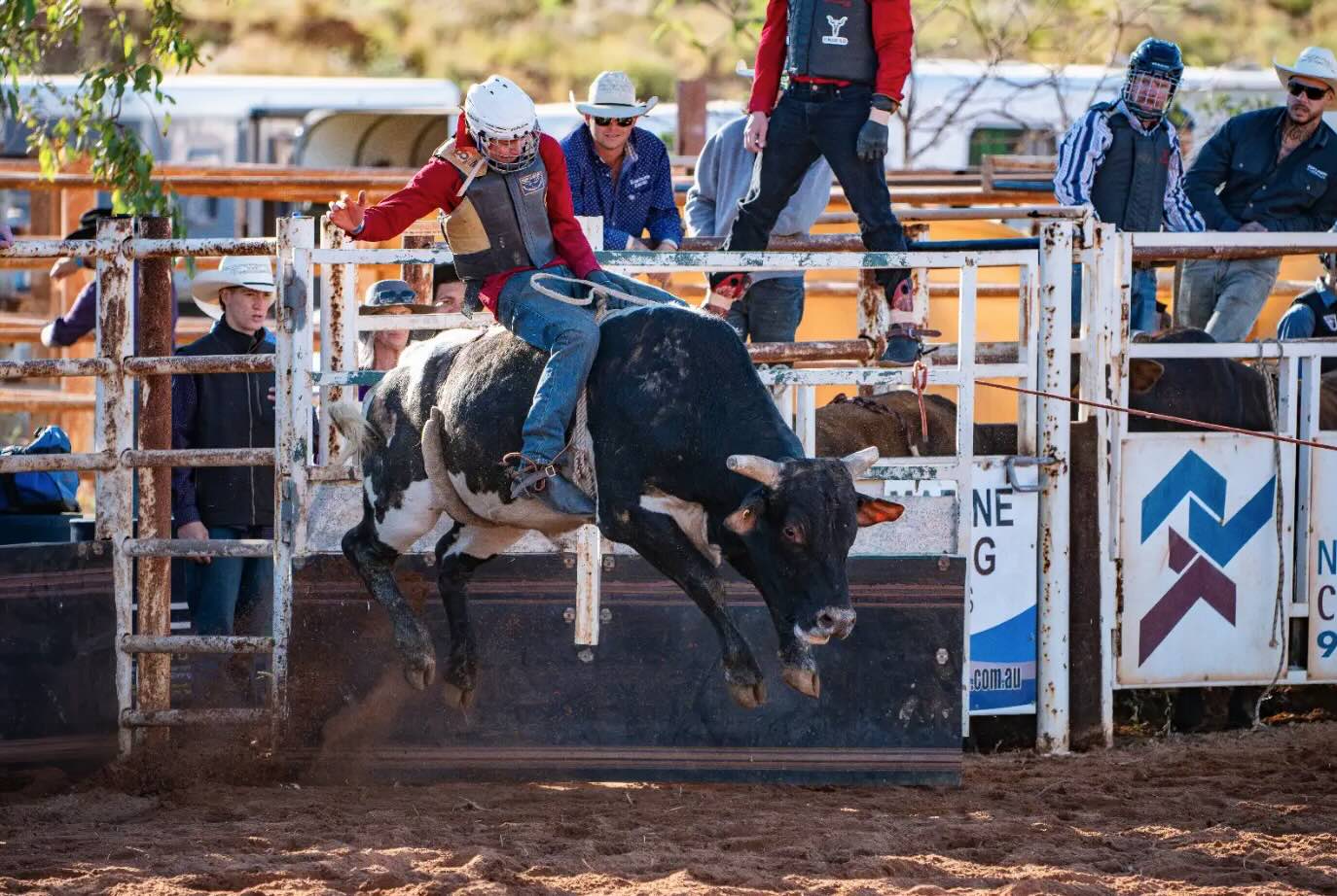 Cosmo Waddell competing in the Novice Bull Ride at Onslow Rodeo.