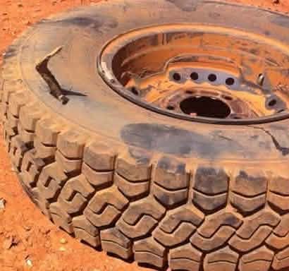Tyre with a large sidewall puncture in Central Australia