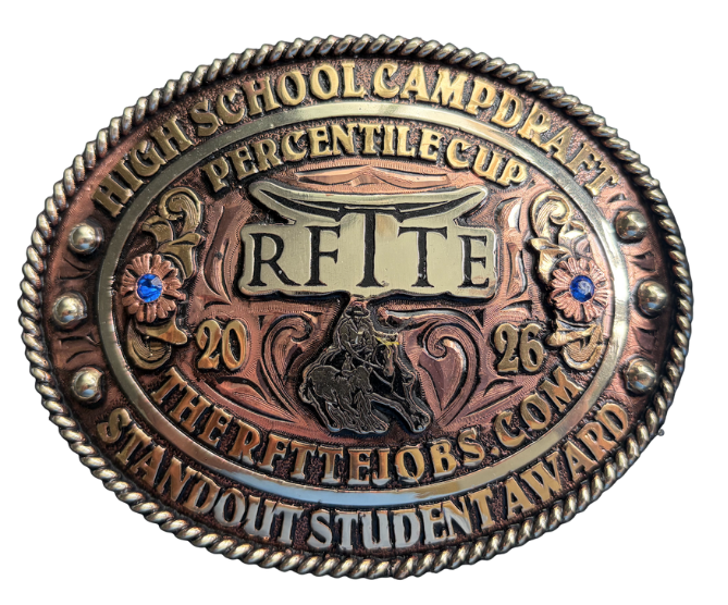 RFTTE Stand-Out Student Award trophy buckle for the 2026 High School Campdraft Percentile Cup