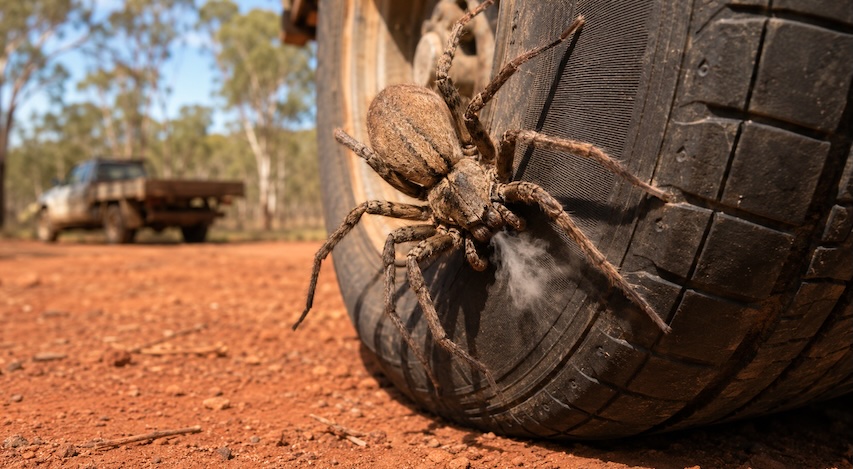Illustration of a huntsman spider biting a four-wheel-drive tyre in rural Australia